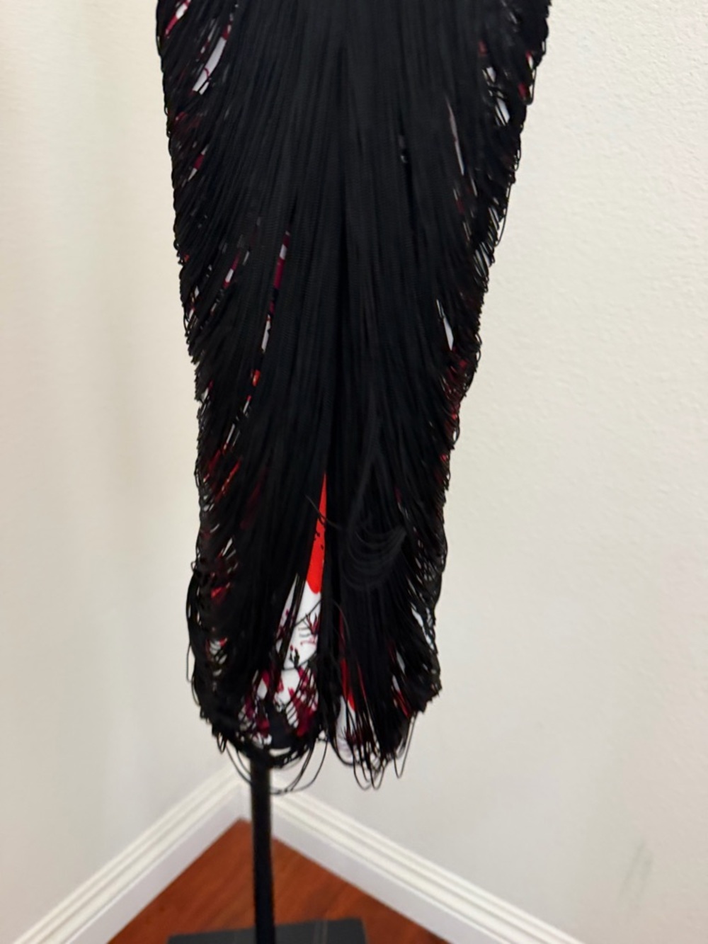 Roberto Cavalli Black and draped Red Fringe-Overlay V-Neck Dress - Picture 6 of 8